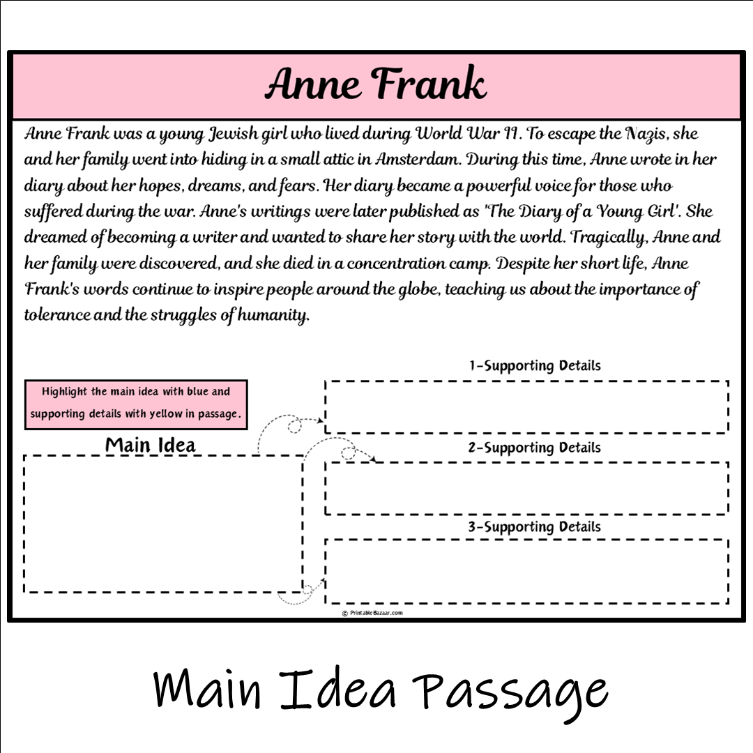 Anne Frank | Main Idea and Supporting Details Reading Passage and Questions