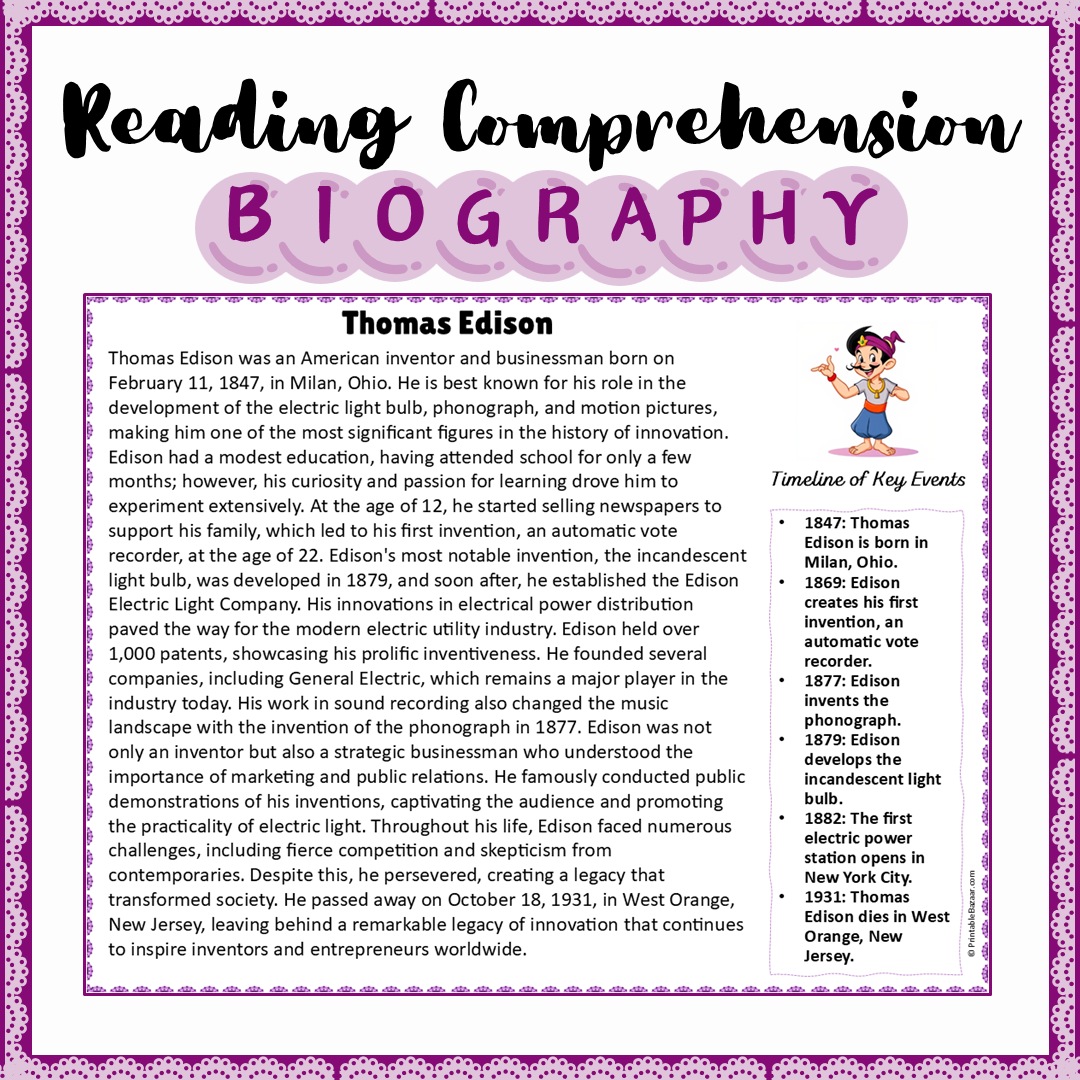 Thomas Edison | Biography Reading Comprehension and Questions Worksheet