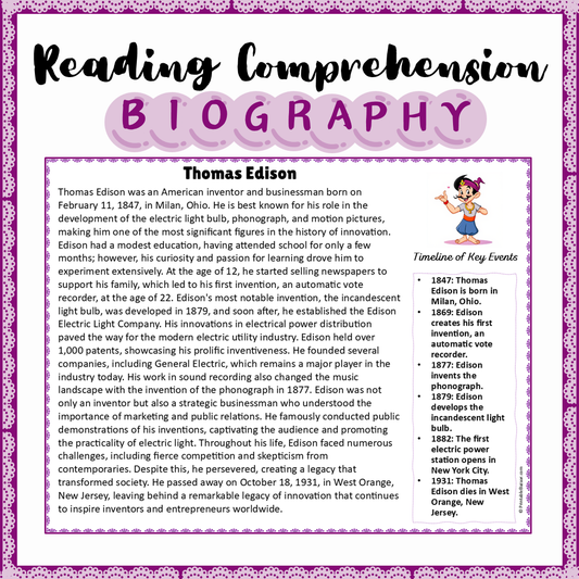 Thomas Edison | Biography Reading Comprehension and Questions Worksheet