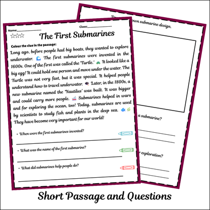 The First Submarines | Short Reading Comprehension Creative Worksheet