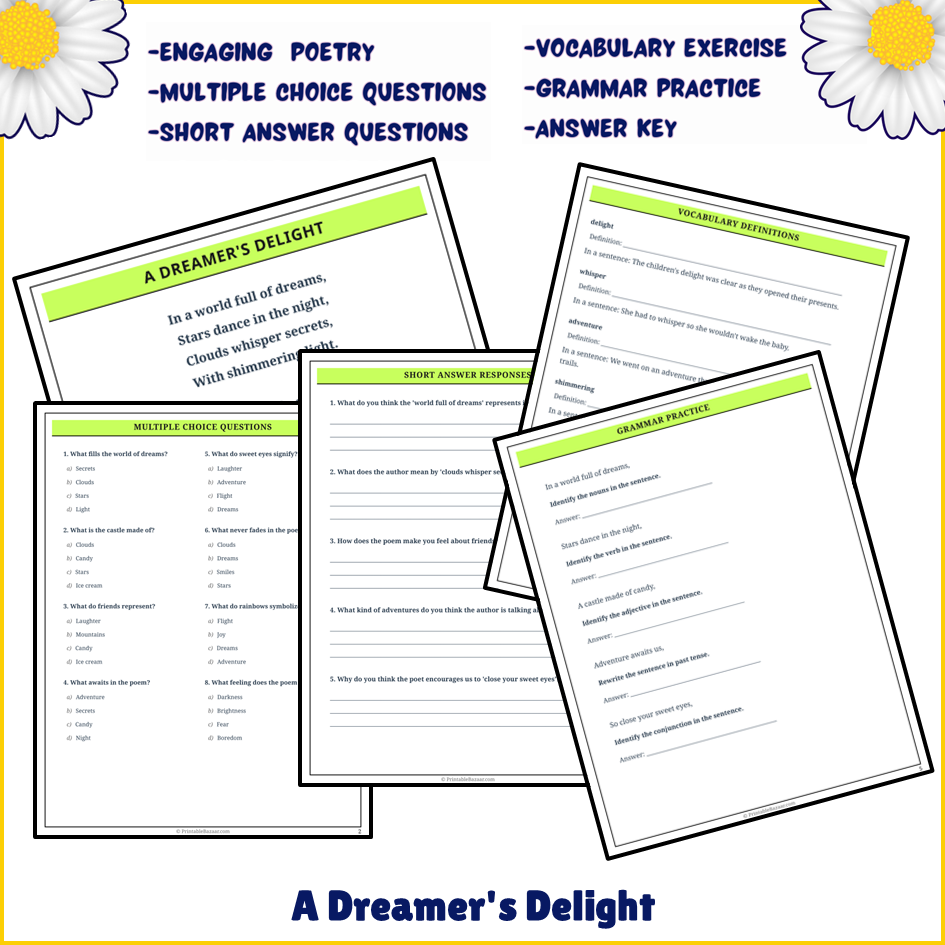 A Dreamer's Delight | Poem Grammar Worksheet Printable Activity