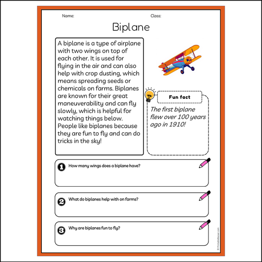 Biplane | Reading Passage Comprehension Questions Writing Facts Worksheet