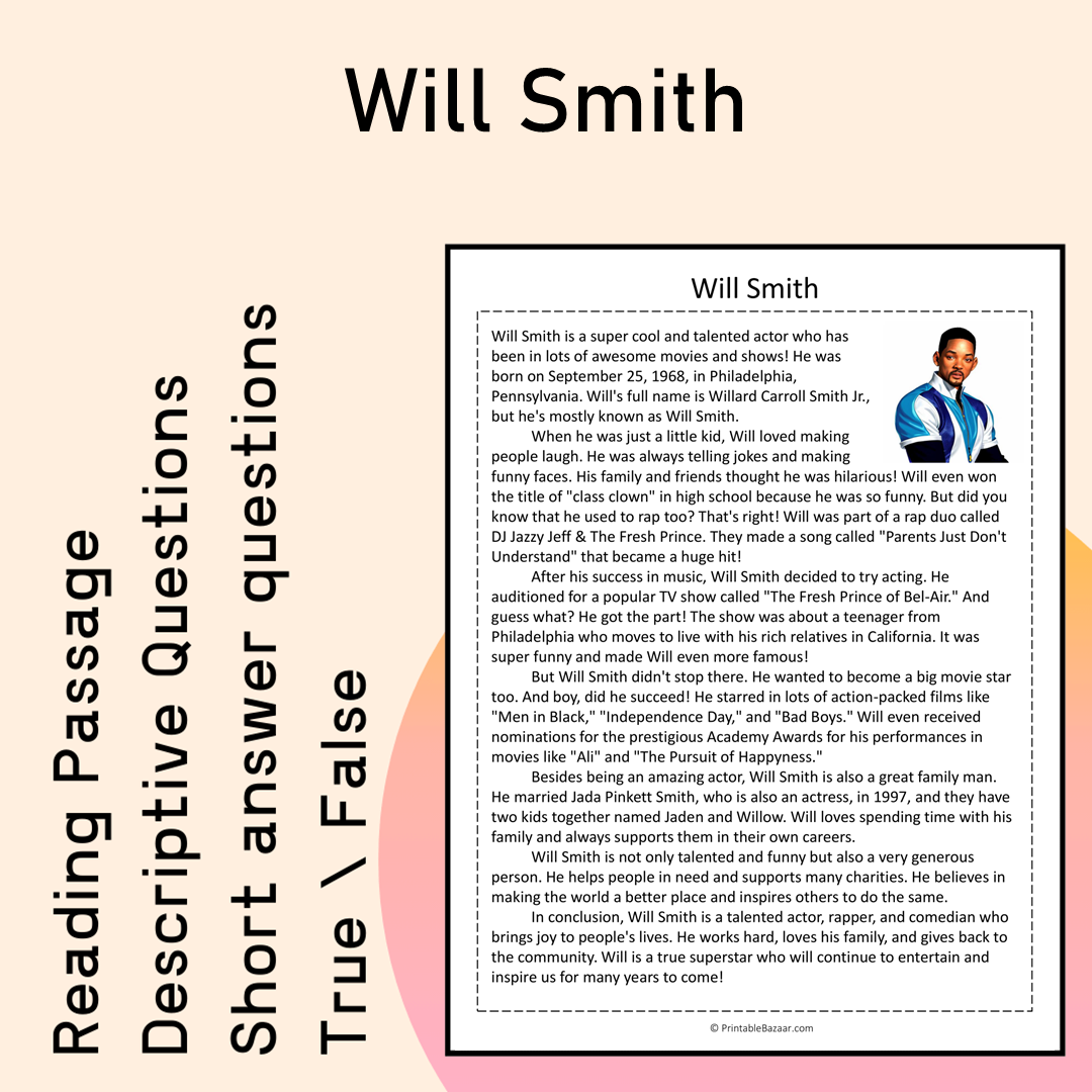 Will Smith | Reading Comprehension Passage Printable Activity