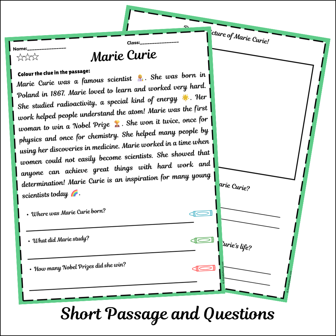 Marie Curie | Short Reading Comprehension Creative Worksheet