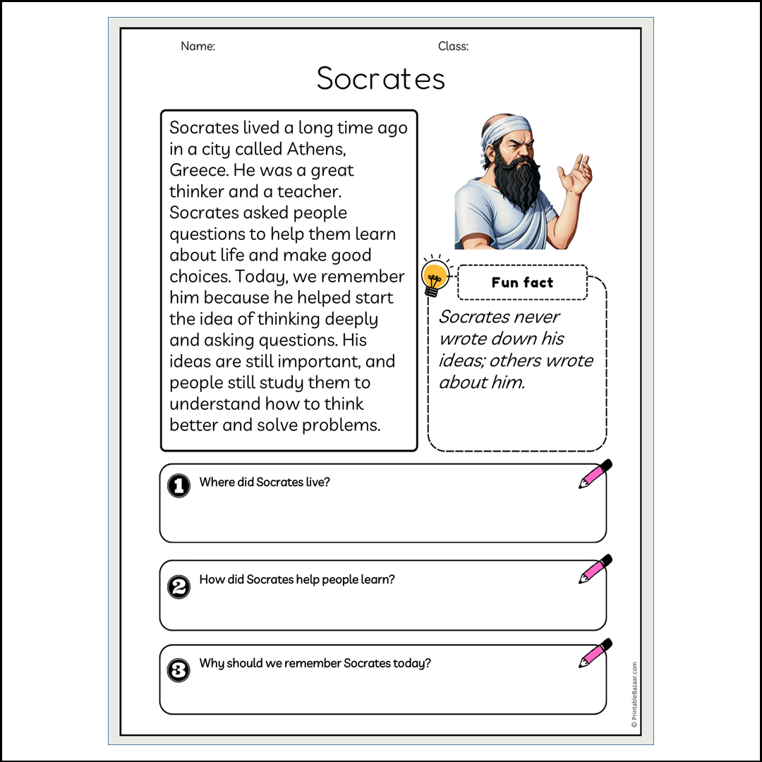 Socrates | Reading Passage Comprehension Questions Writing Facts Worksheet