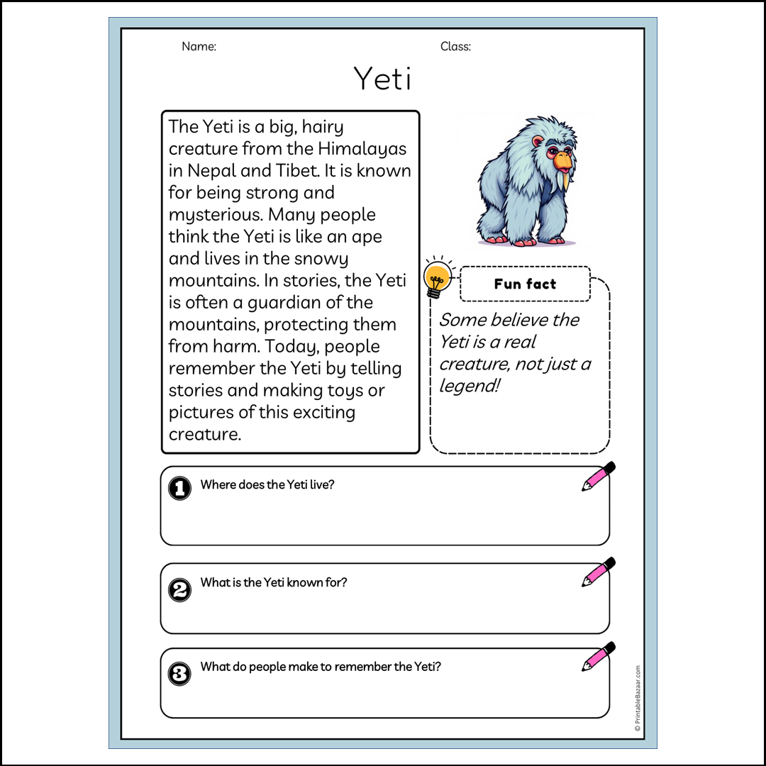 Yeti | Reading Passage Comprehension Questions Writing Facts Worksheet