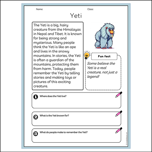 Yeti | Reading Passage Comprehension Questions Writing Facts Worksheet