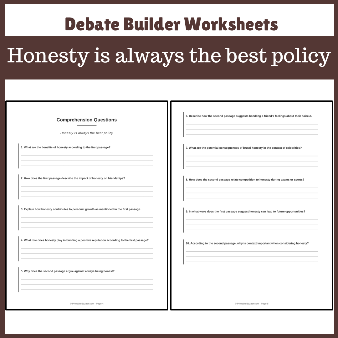 Honesty is always the best policy | Favour and Against Worksheet Printable Activity