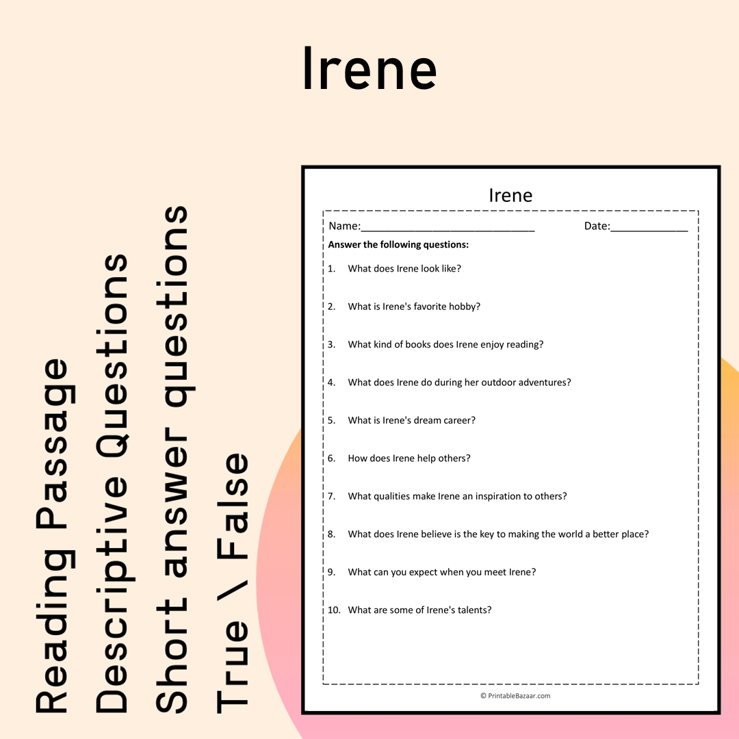 Irene | Reading Comprehension Passage Printable Activity
