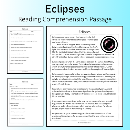 Eclipses | Reading Comprehension Passage Printable Worksheet