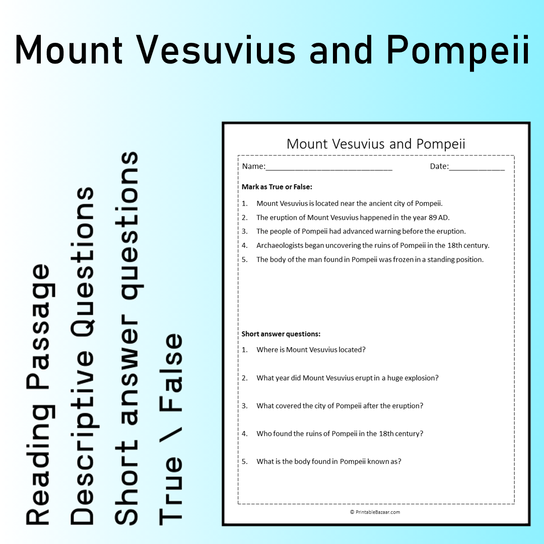 Mount Vesuvius and Pompeii | Reading Comprehension Passage Printable Worksheet
