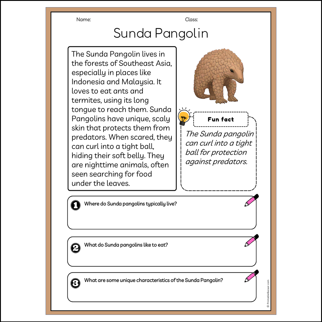 Sunda Pangolin | Reading Passage Comprehension Questions Writing Facts Worksheet