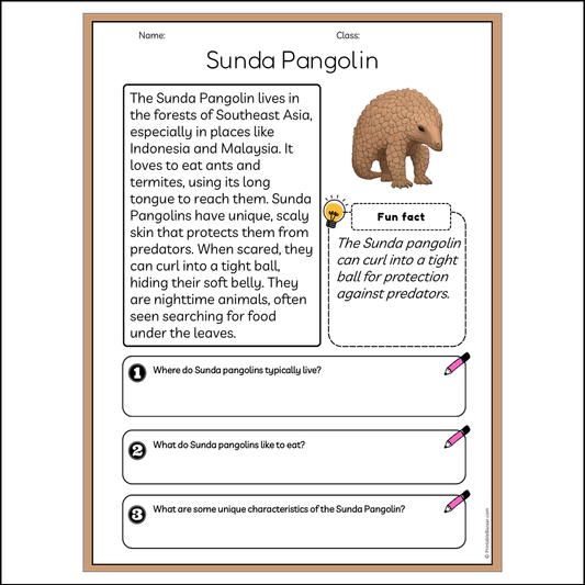 Sunda Pangolin | Reading Passage Comprehension Questions Writing Facts Worksheet