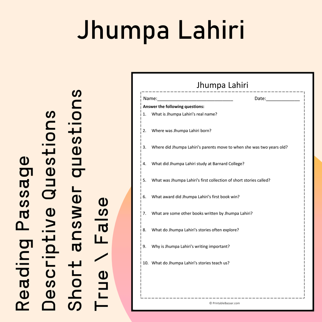 Jhumpa Lahiri | Reading Comprehension Passage Printable Activity