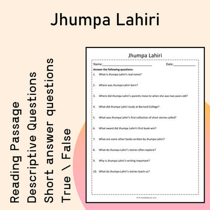 Jhumpa Lahiri | Reading Comprehension Passage Printable Activity