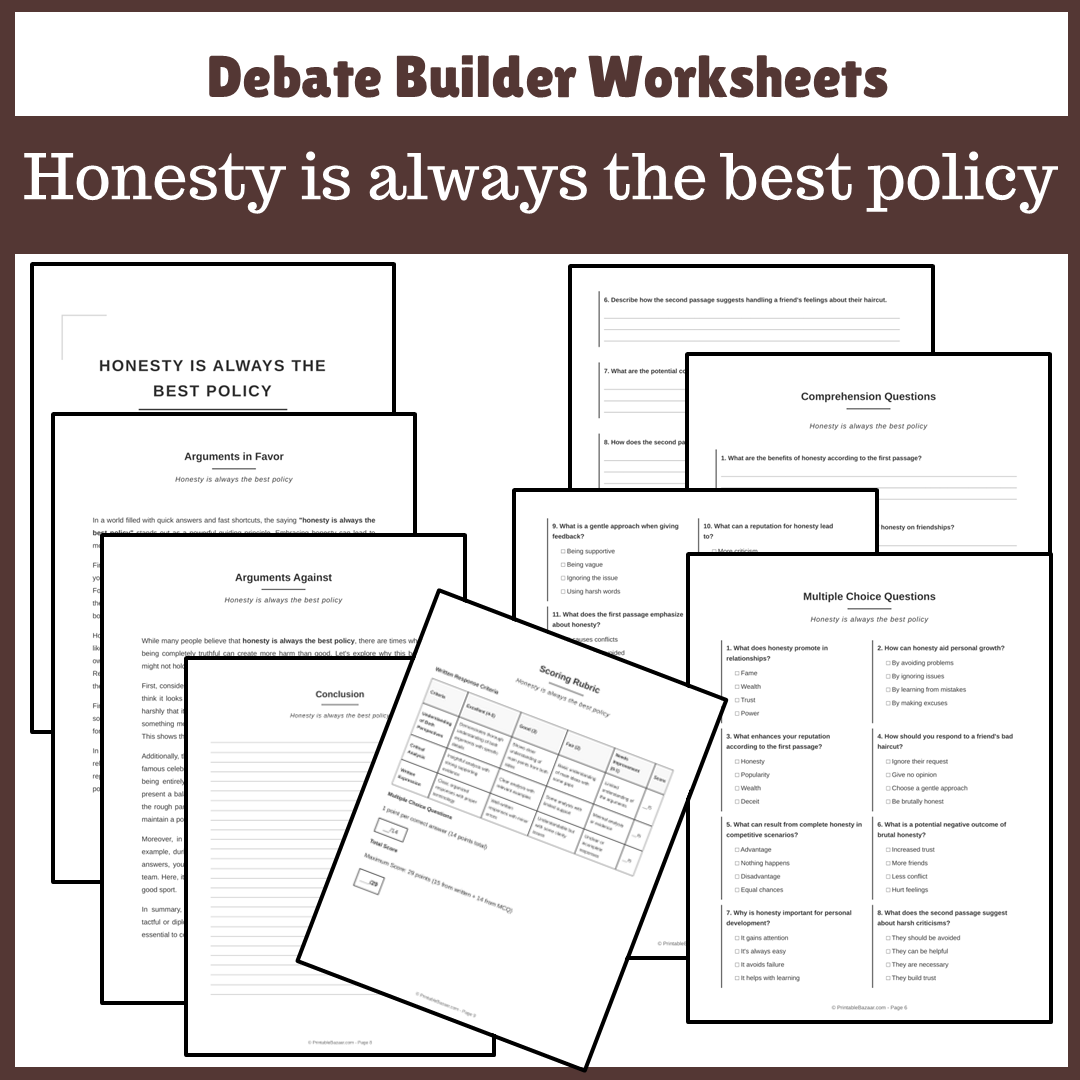 Honesty is always the best policy | Favour and Against Worksheet Printable Activity