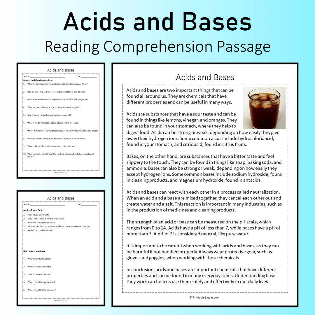 Acids and Bases | Reading Comprehension Passage Printable Worksheet