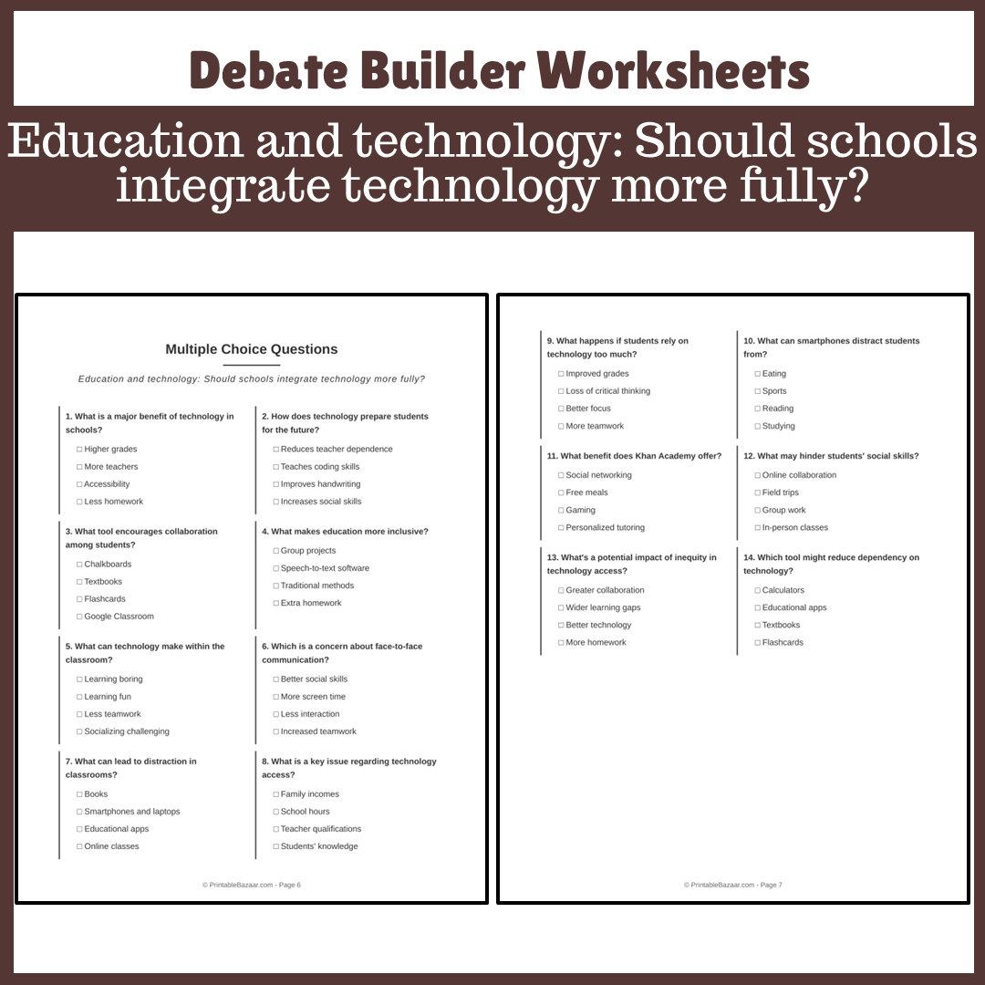 Education and technology: Should schools integrate technology more fully? | Favour and Against Worksheet Printable Activity