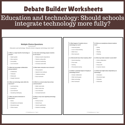 Education and technology: Should schools integrate technology more fully? | Favour and Against Worksheet Printable Activity