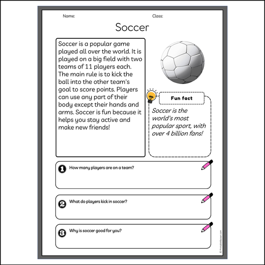 Soccer | Reading Passage Comprehension Questions Writing Facts Worksheet