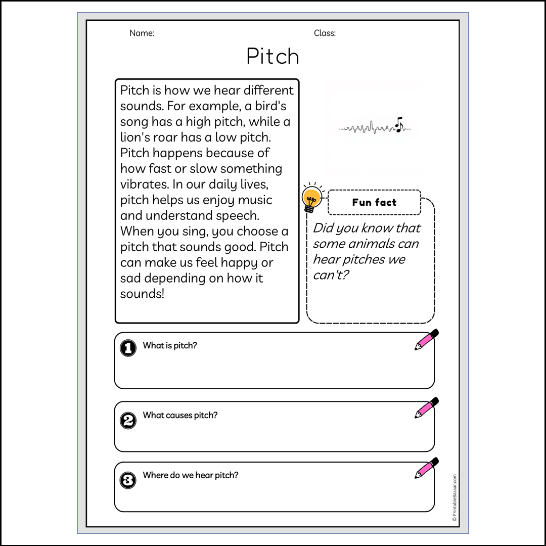 Pitch | Reading Passage Comprehension Questions Writing Facts Worksheet