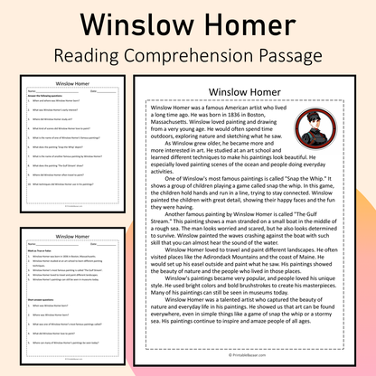 Winslow Homer | Reading Comprehension Passage Printable Activity