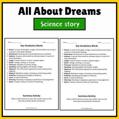 All About Dreams | Science Story Reading Comprehension Activity