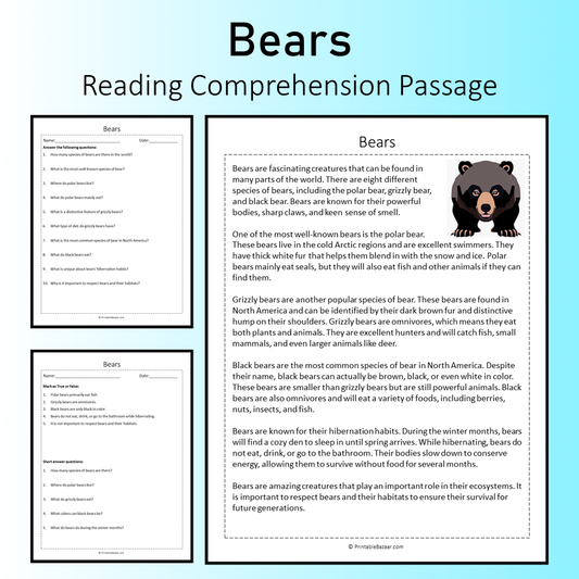 Bears | Reading Comprehension Passage Printable Worksheet