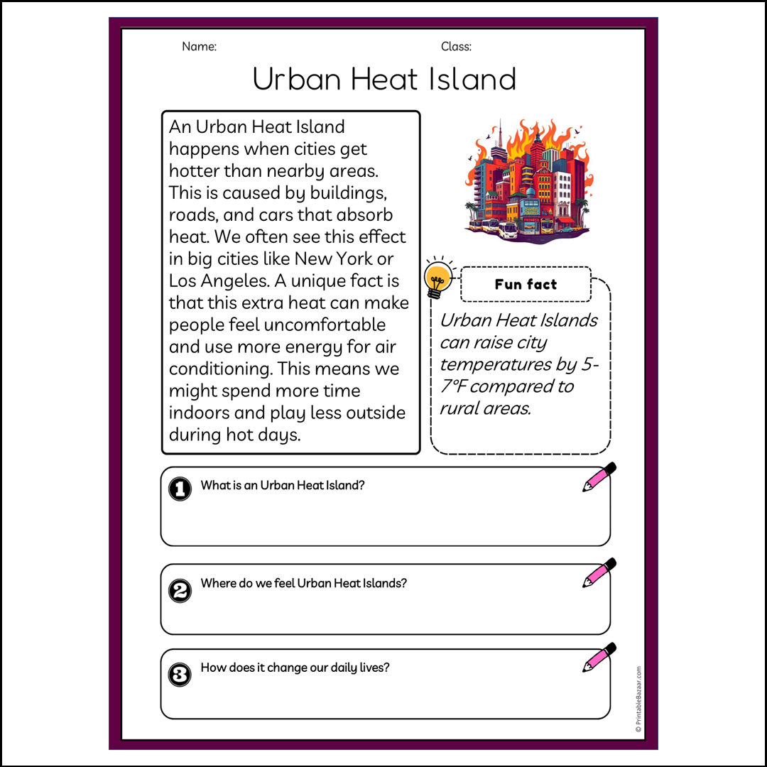 Urban Heat Island | Reading Passage Comprehension Questions Writing Facts Worksheet