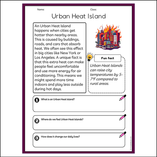 Urban Heat Island | Reading Passage Comprehension Questions Writing Facts Worksheet