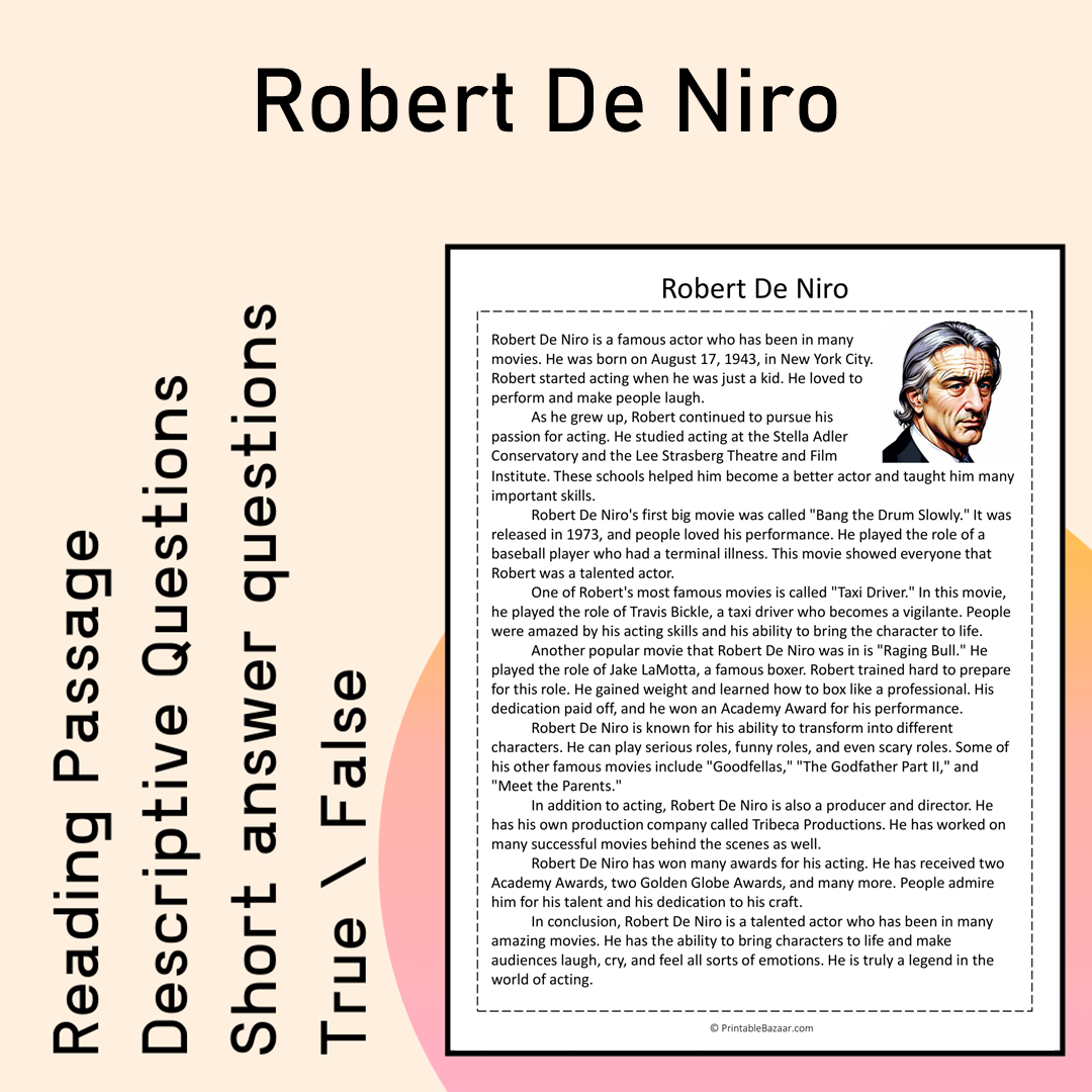 Robert De Niro | Reading Comprehension Passage Printable Activity