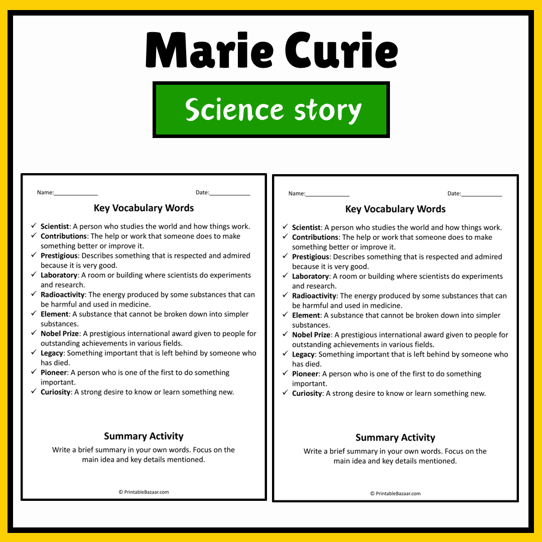 Marie Curie | Science Story Reading Comprehension Activity