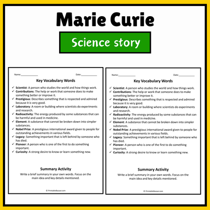 Marie Curie | Science Story Reading Comprehension Activity
