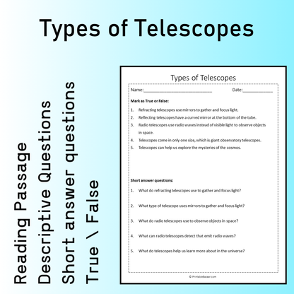 Types of Telescopes | Reading Comprehension Passage Printable Worksheet