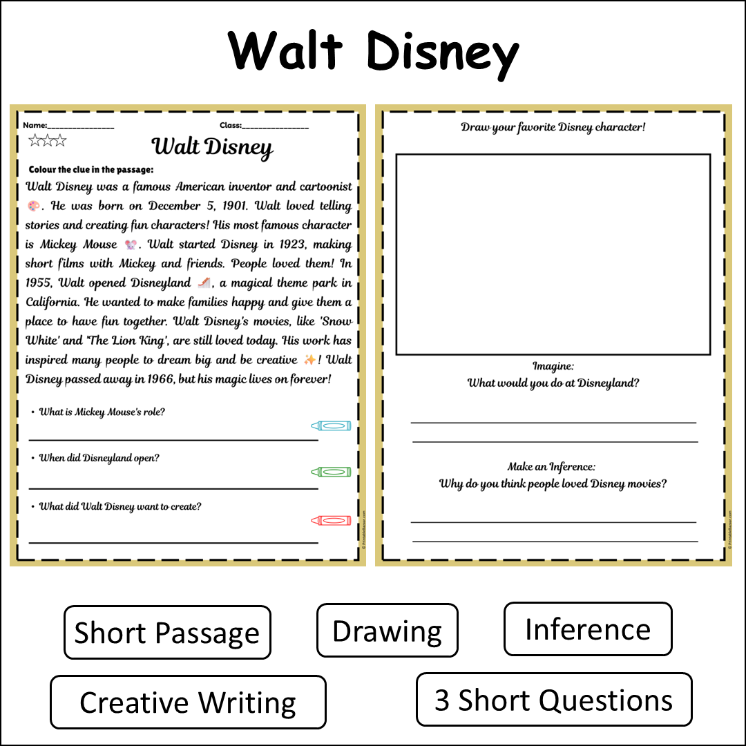 Walt Disney | Short Reading Comprehension Creative Worksheet