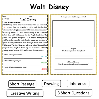 Walt Disney | Short Reading Comprehension Creative Worksheet