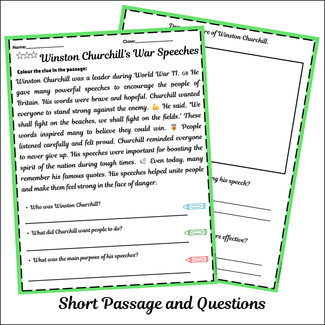 Winston Churchill's War Speeches | Short Reading Comprehension Creative Worksheet
