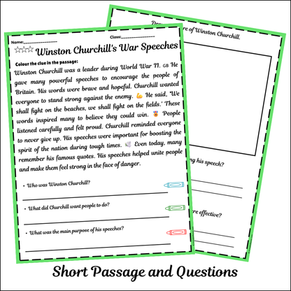 Winston Churchill's War Speeches | Short Reading Comprehension Creative Worksheet