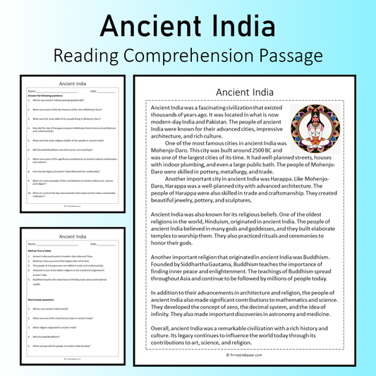 Ancient India | Reading Comprehension Passage Printable Worksheet