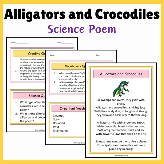 Alligators and Crocodiles | Science Poem Reading Comprehension Activity