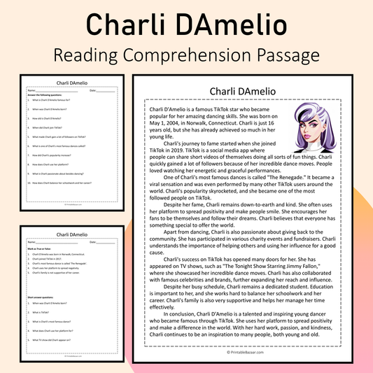 Charli DAmelio | Reading Comprehension Passage Printable Activity