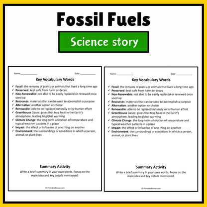 Fossil Fuels | Science Story Reading Comprehension Activity