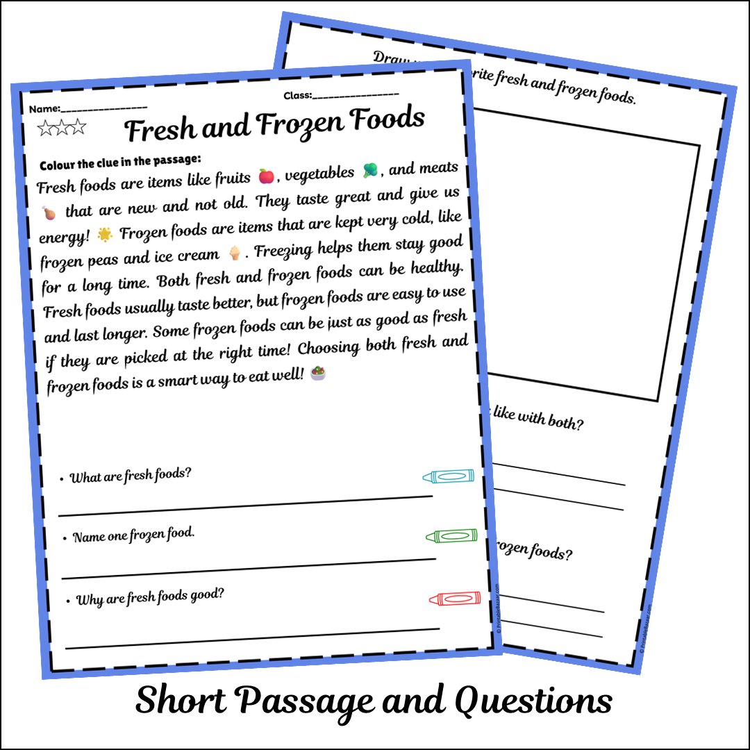 Fresh and Frozen Foods | Short Reading Comprehension Creative Worksheet