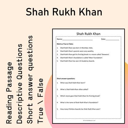 Shah Rukh Khan | Reading Comprehension Passage Printable Activity