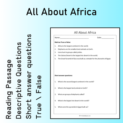 All About Africa | Reading Comprehension Passage Printable Worksheet