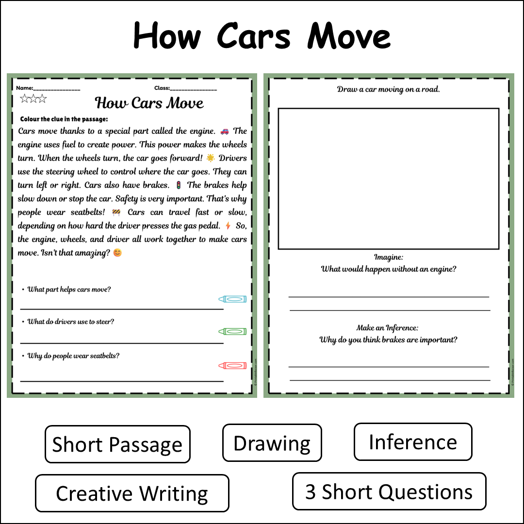 How Cars Move | Short Reading Comprehension Creative Worksheet