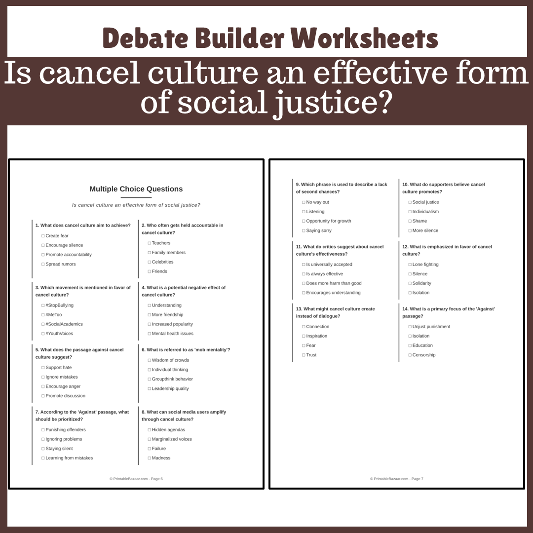 Is cancel culture an effective form of social justice? | Favour and Against Worksheet Printable Activity