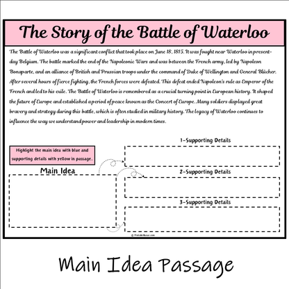 The Story of the Battle of Waterloo | Main Idea and Supporting Details Reading Passage and Questions