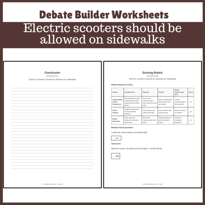Electric scooters should be allowed on sidewalks | Favour and Against Worksheet Printable Activity