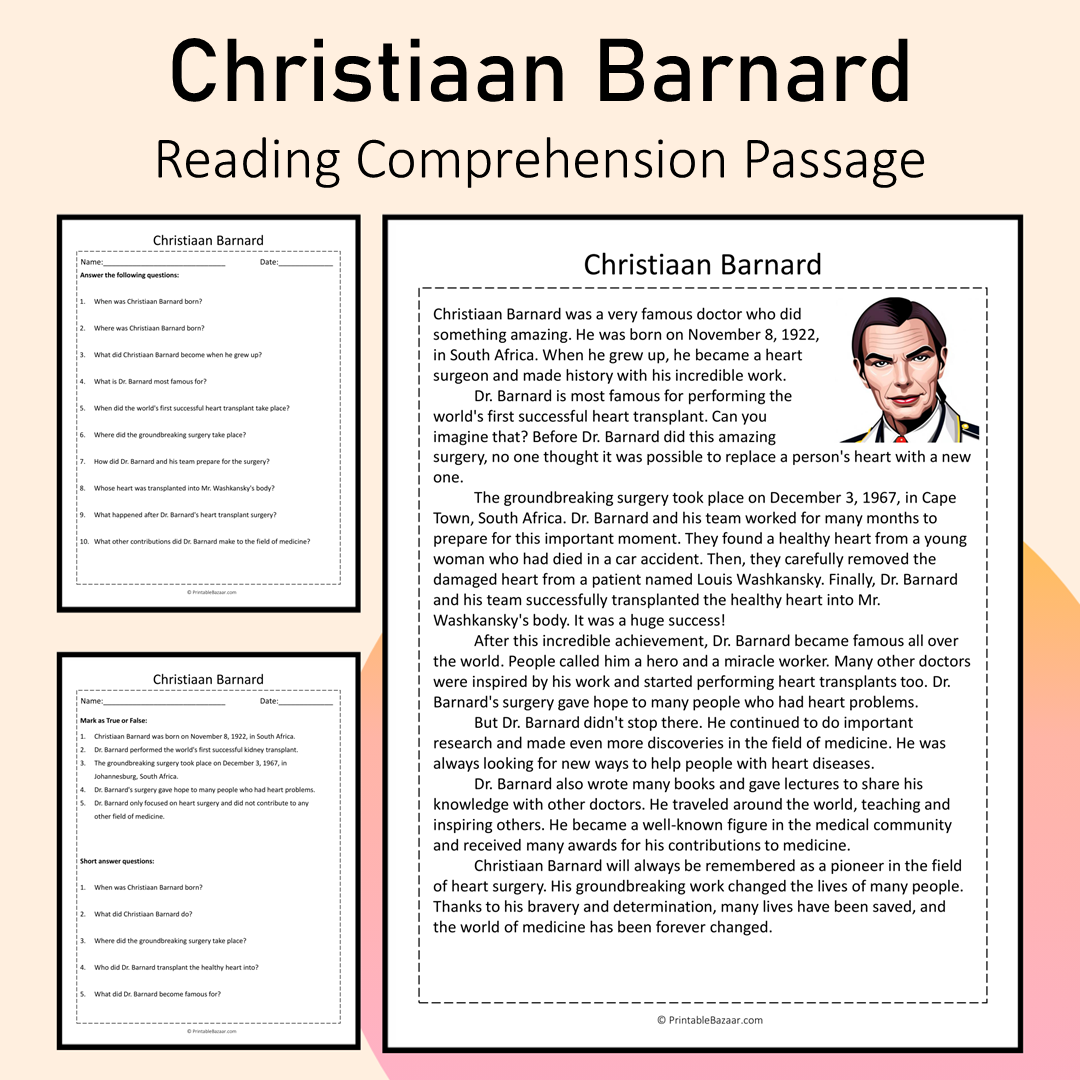 Christiaan Barnard | Reading Comprehension Passage Printable Activity